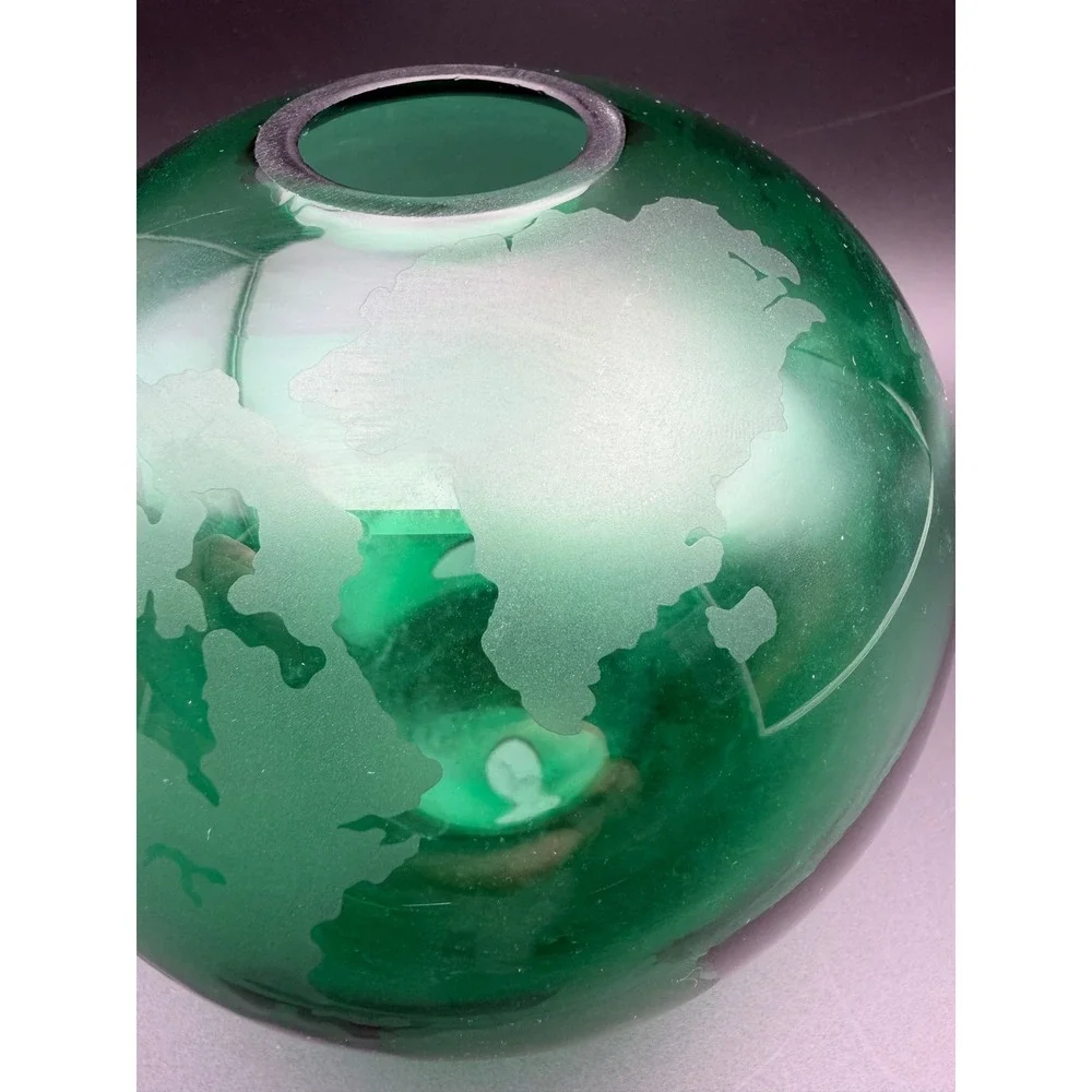 Silvestri Mouth Blown Glass Globe Vase Emerald Green Etched World Map Round 6in